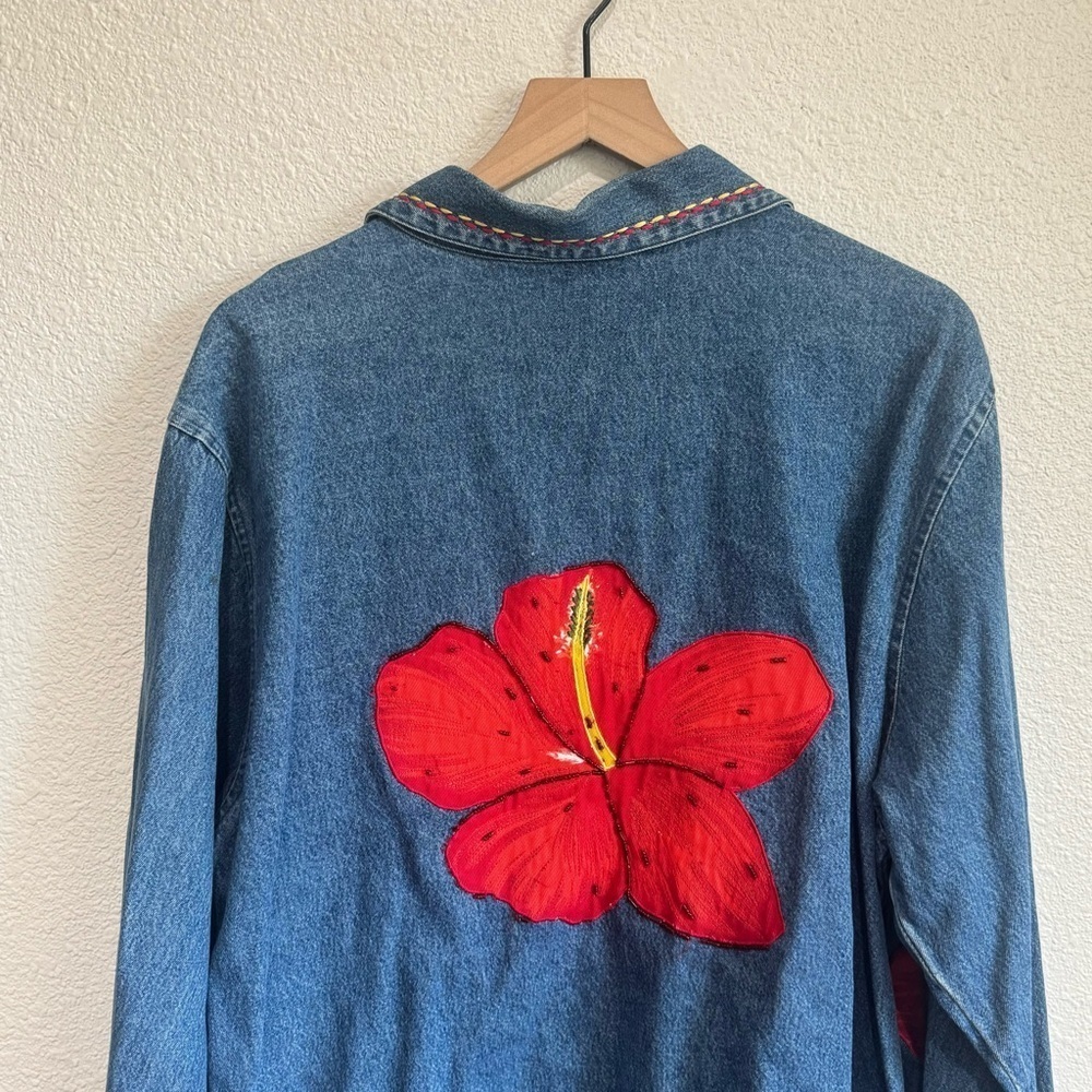 VTG Womens 1X Hibiscus Beaded Denim Jacket Boho Festival Floral Shacket Blue - Picture 10 of 10